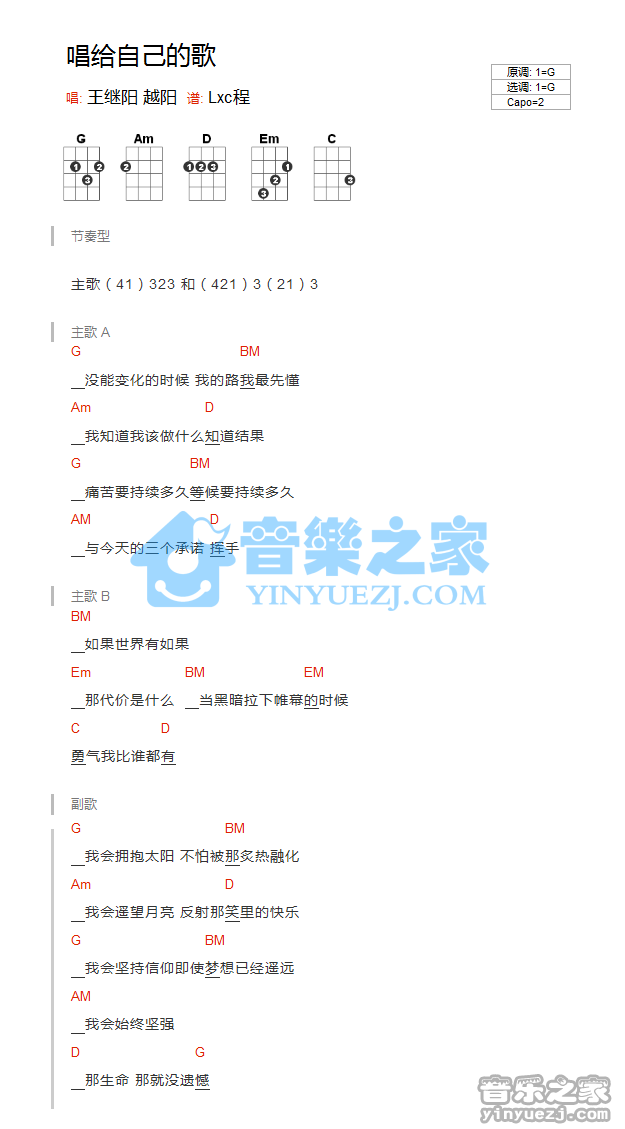 王继阳《唱给自己的歌》尤克里里弹唱谱