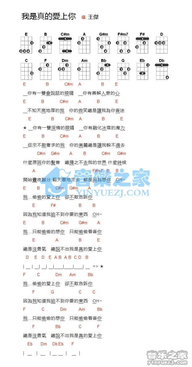 王杰《我是真的爱上你》尤克里里弹唱谱