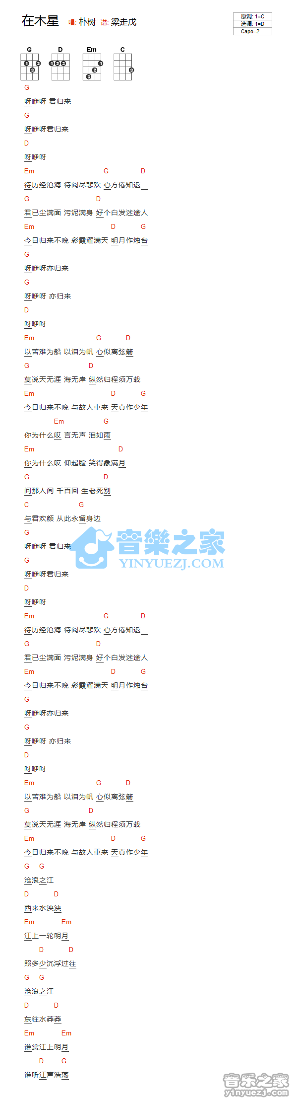 版本一 朴树《在木星》尤克里里弹唱谱
