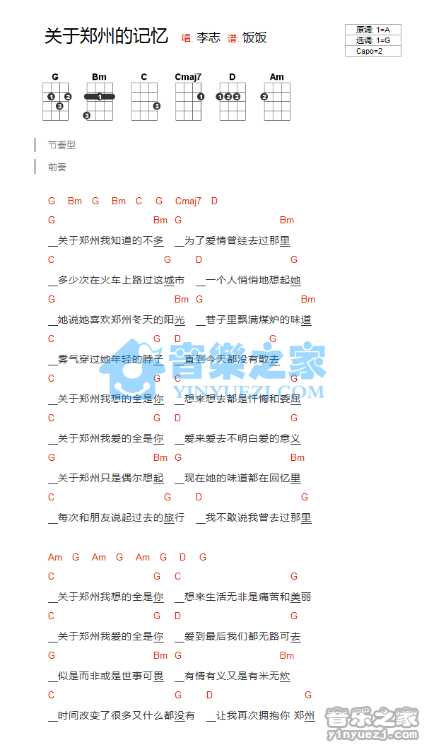 2李志《关于郑州的记忆》尤克里里谱