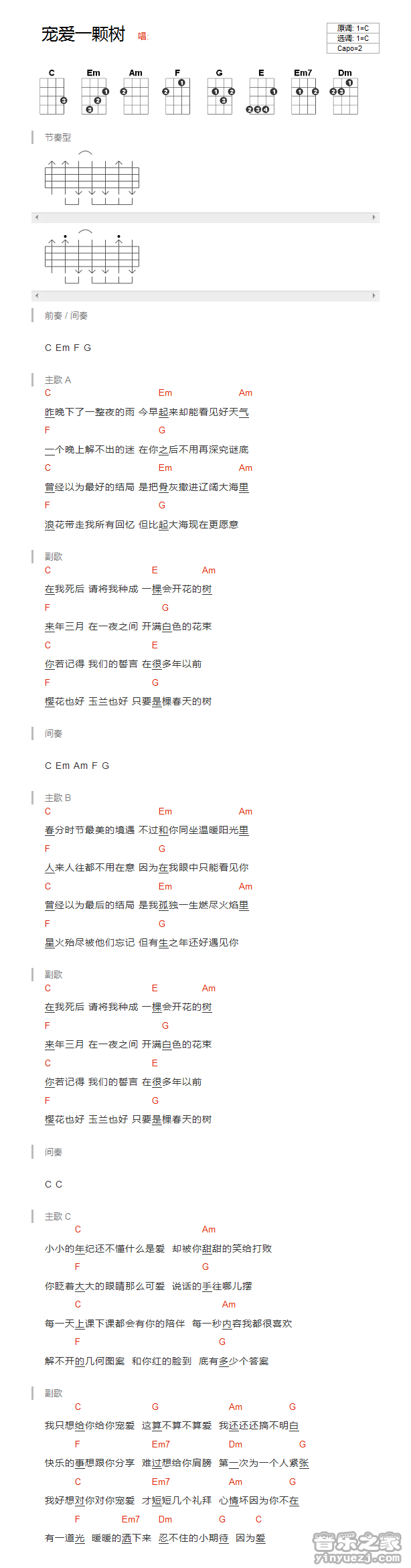版本一 《宠爱一棵树》尤克里里弹唱谱