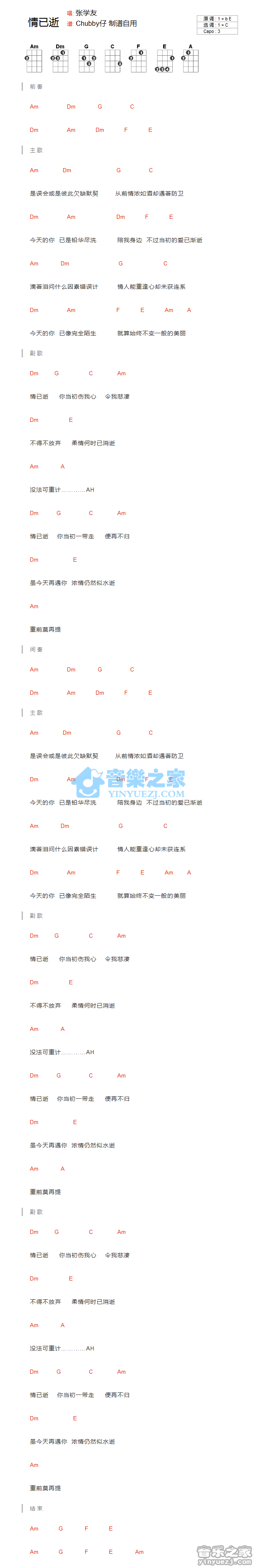 张学友《情已逝》尤克里里弹唱谱