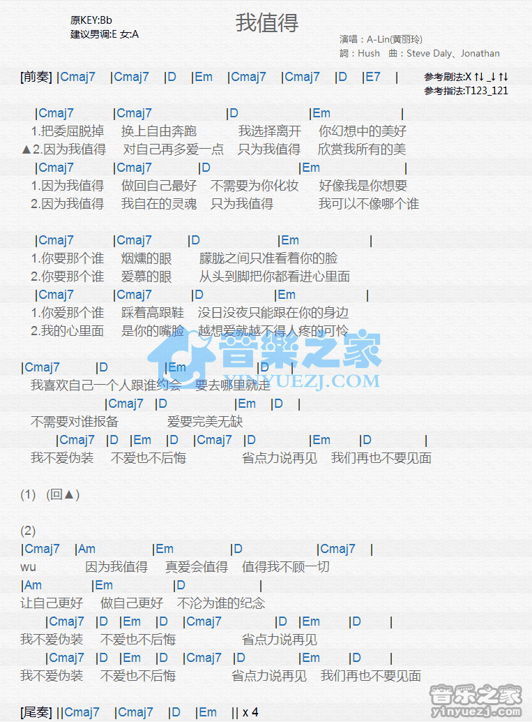 A-Lin《我值得》尤克里里弹唱谱