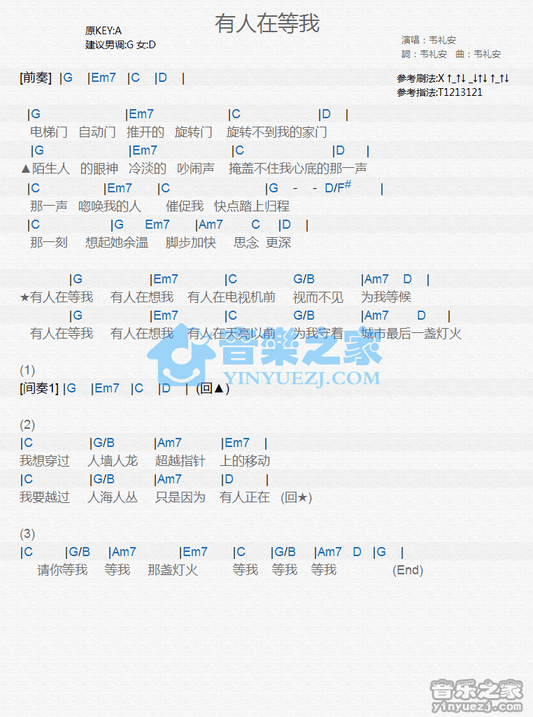 韦礼安《有人在等我》尤克里里弹唱谱