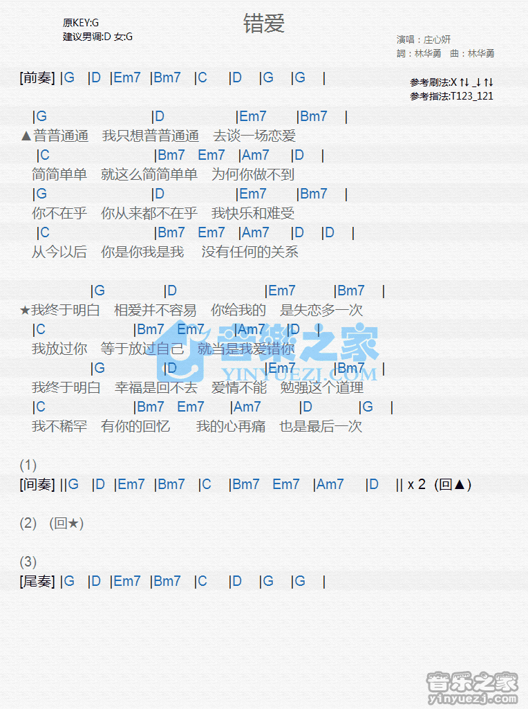 庄心妍《错爱》尤克里里弹唱谱