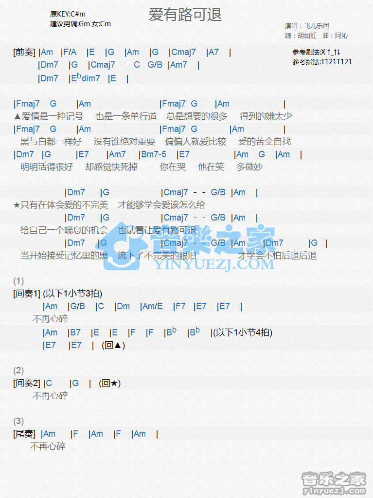 飞儿乐团《爱有路可退》尤克里里弹唱谱