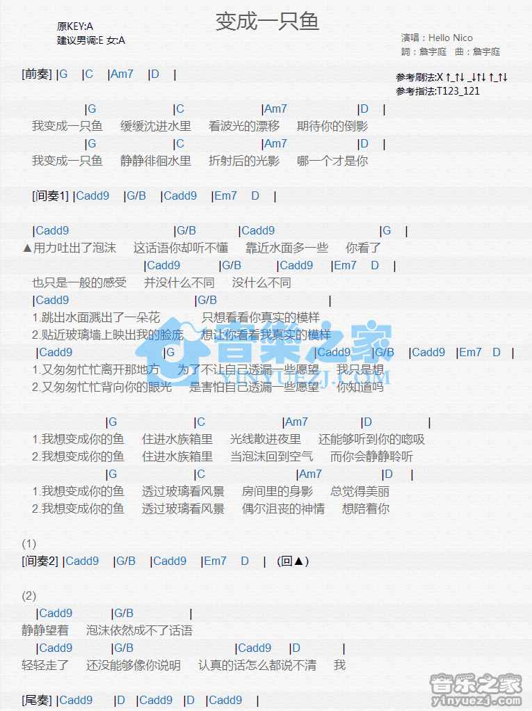 Hello Nico《变成一只鱼》尤克里里弹唱谱