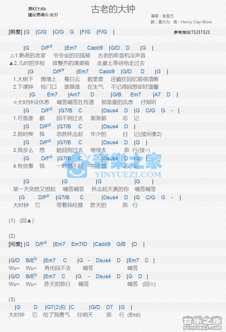 李圣杰《古老的大钟》尤克里里弹唱谱