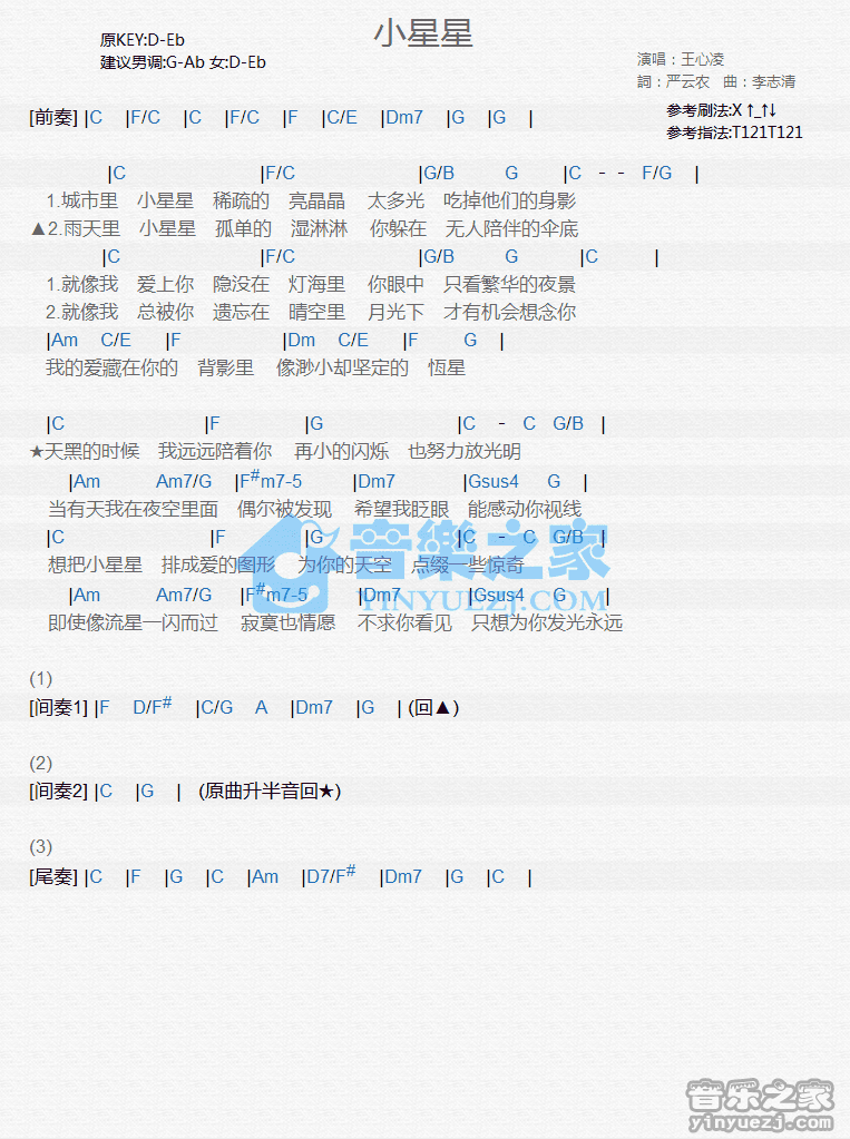 王心凌《小星星》尤克里里弹唱谱