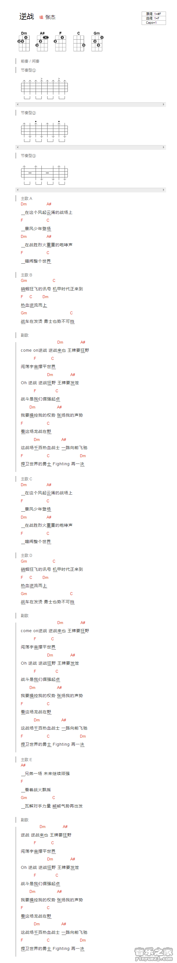 2张杰《逆战》尤克里里谱