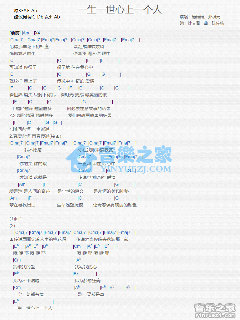 谭维维/郑棋元《一生一世心上一个人》尤克里里谱