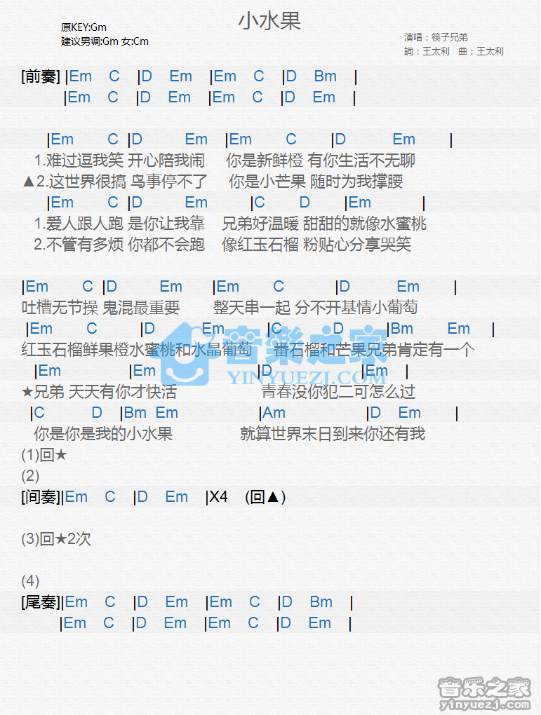 筷子兄弟《小水果》尤克里里谱