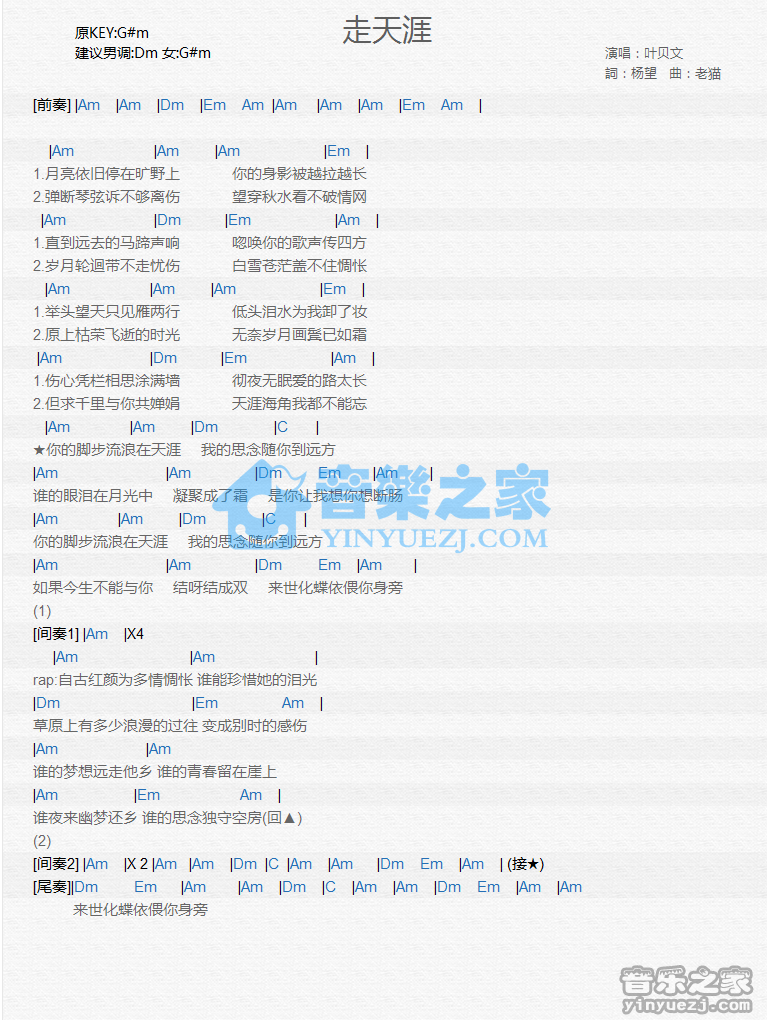 叶贝文《走天涯》尤克里里谱