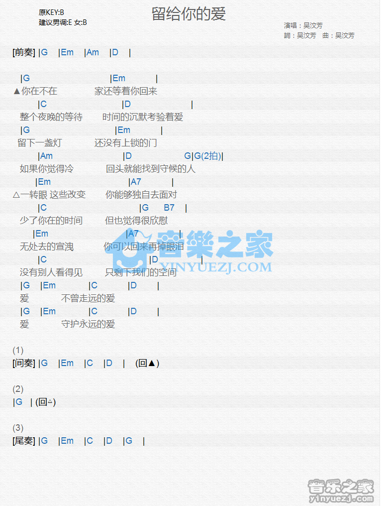 吴汶芳《留给你的爱》尤克里里谱