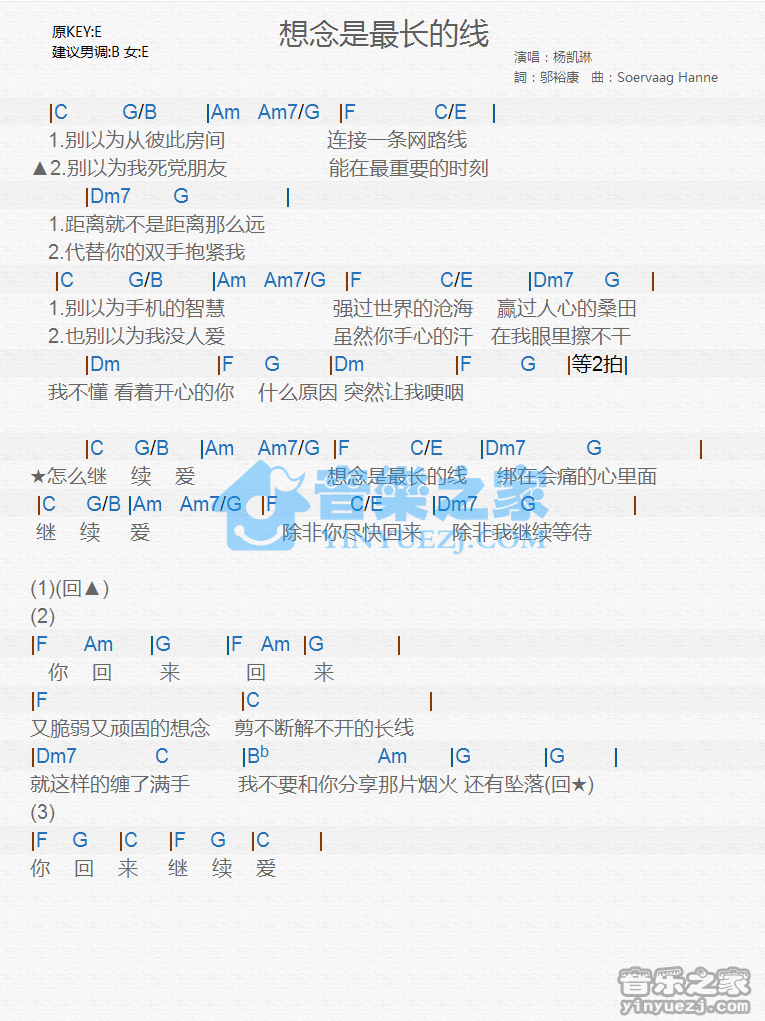 杨凯琳《想念是最长的线》尤克里里谱