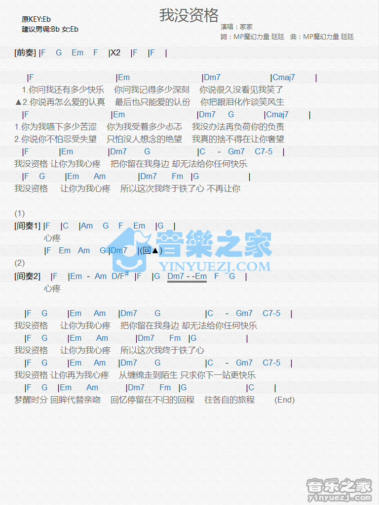 家家《我没资格》尤克里里谱