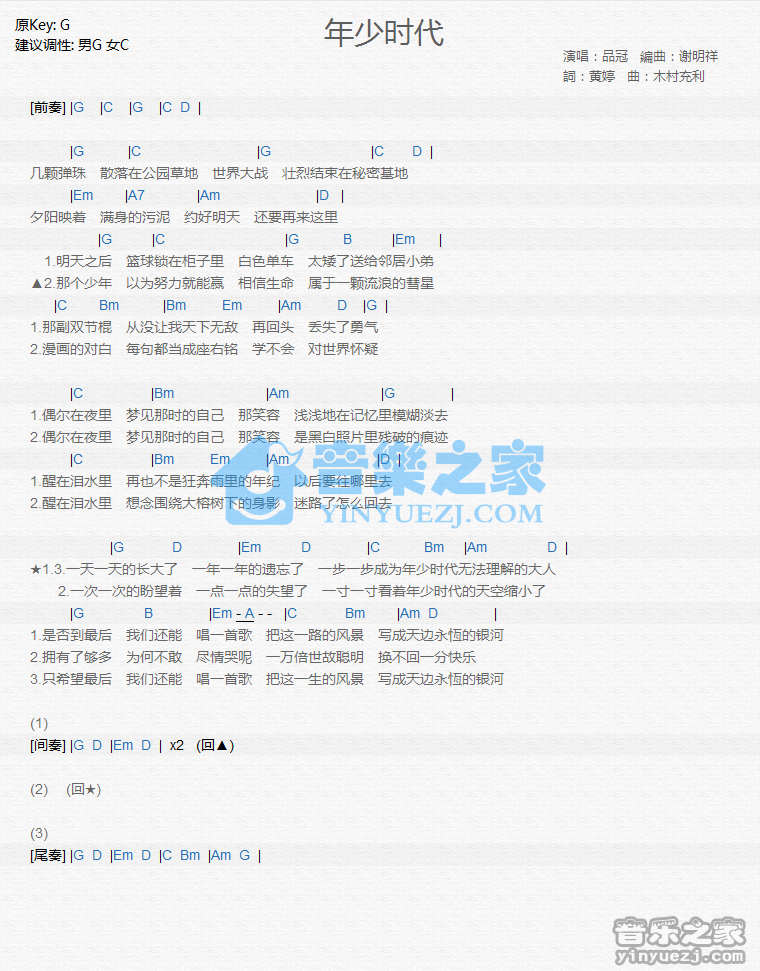 品冠《年少时代》尤克里里谱