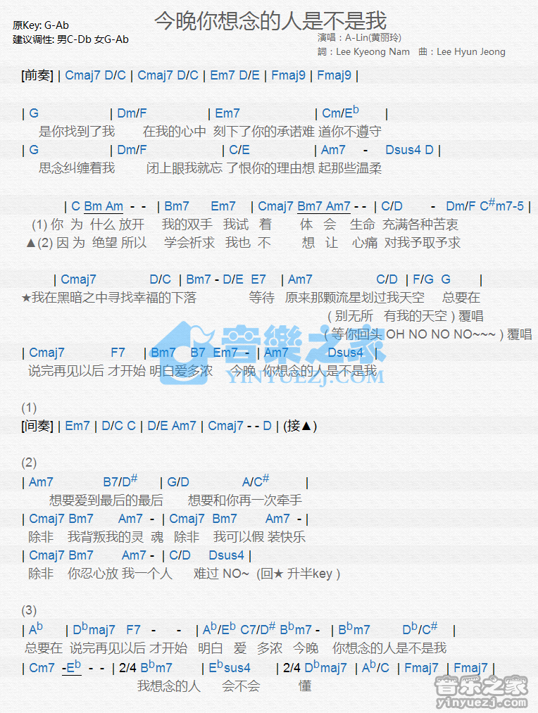 A-Lin《今晚你想念的人是不是我》尤克里里谱