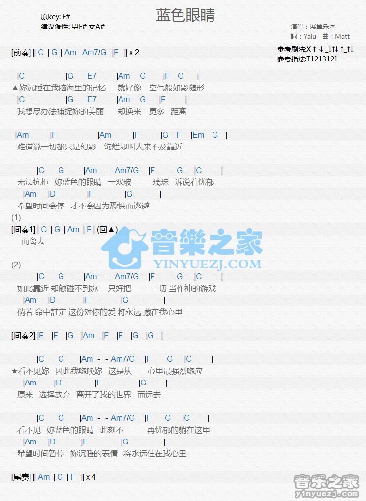 展翼乐团《蓝色眼睛》尤克里里谱