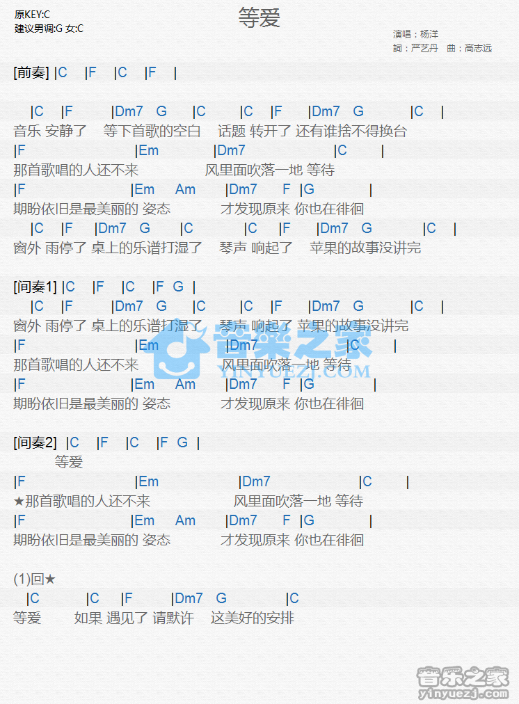 杨洋《等爱》尤克里里谱