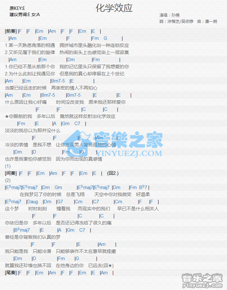 孙楠《化学效应》尤克里里谱