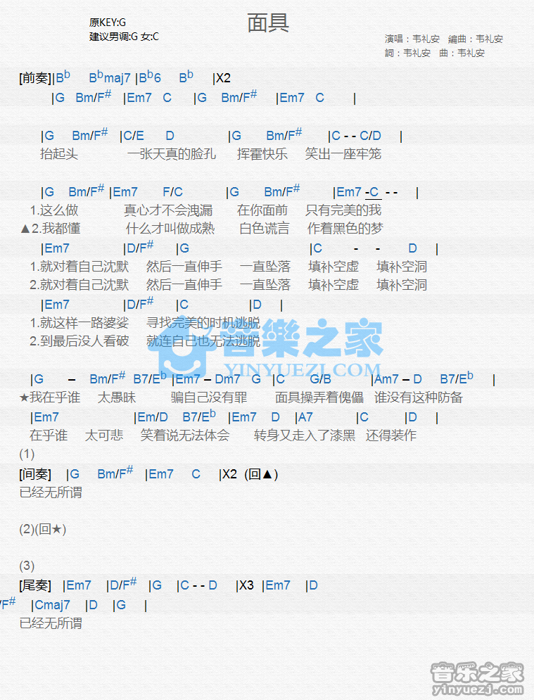 韦礼安《面具》尤克里里谱
