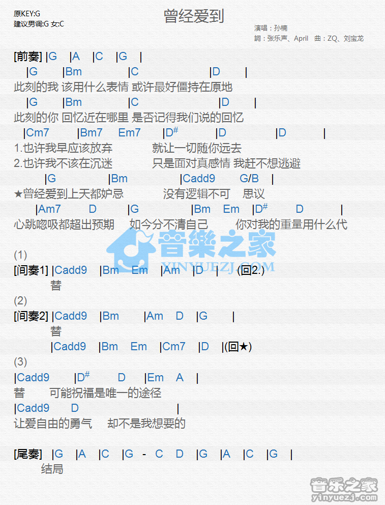 孙楠《曾经爱到》尤克里里谱