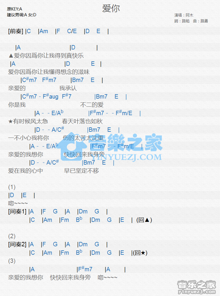 阿木《爱你》尤克里里谱
