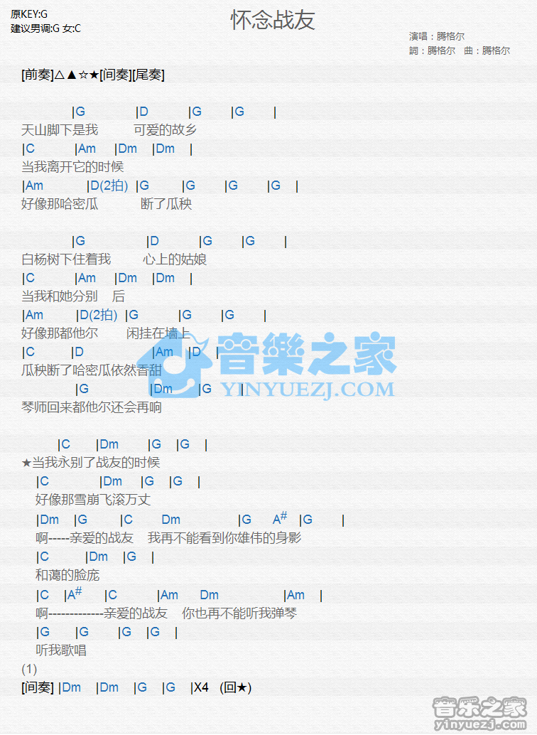 腾格尔《怀念战友》尤克里里谱