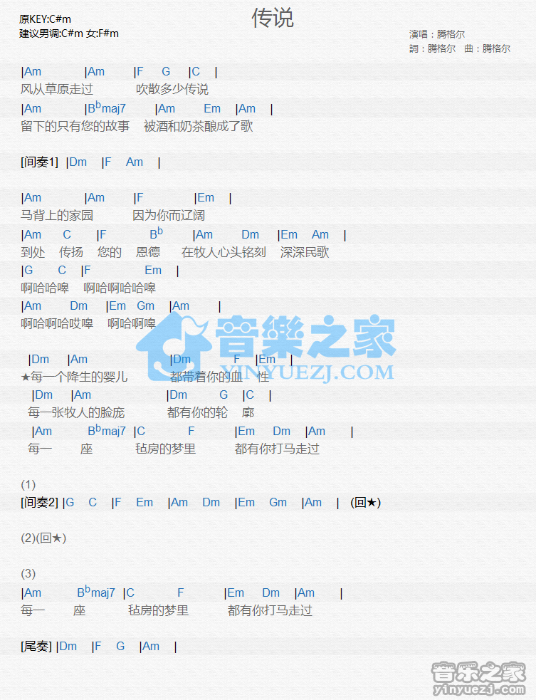 腾格尔《传说》尤克里里谱