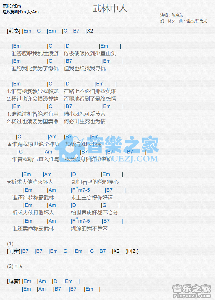陈晓东《武林中人》尤克里里谱