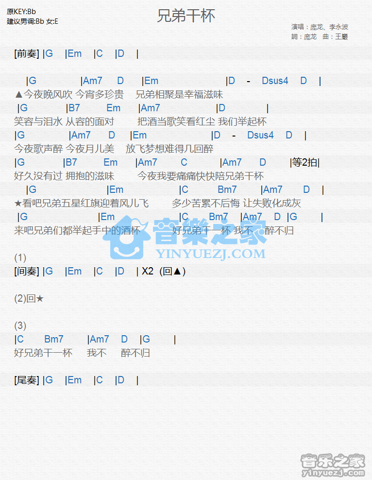 庞龙/李永波《兄弟干杯》尤克里里谱