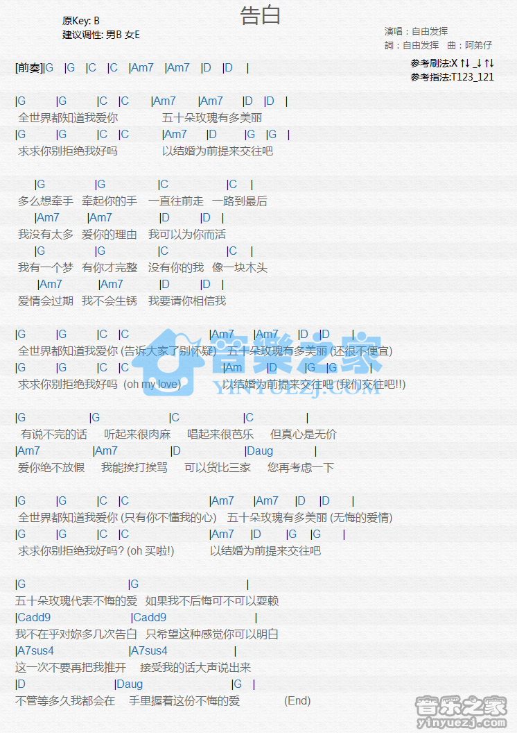 自由发挥《告白》尤克里里谱