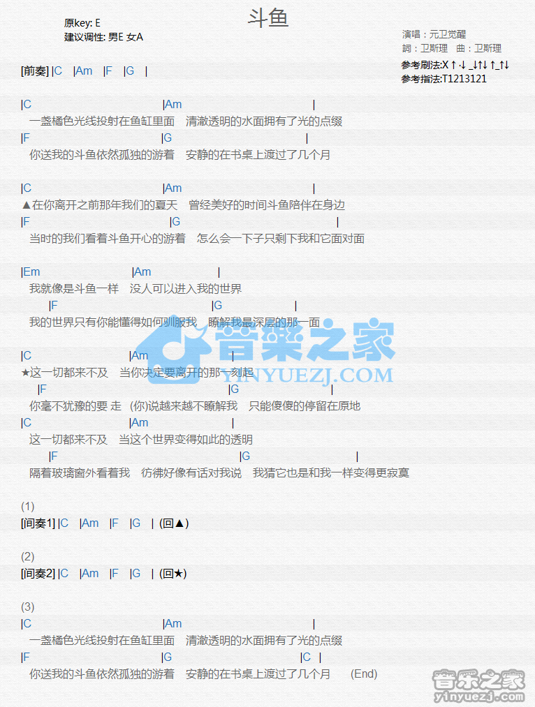 元卫觉醒《斗鱼》尤克里里谱