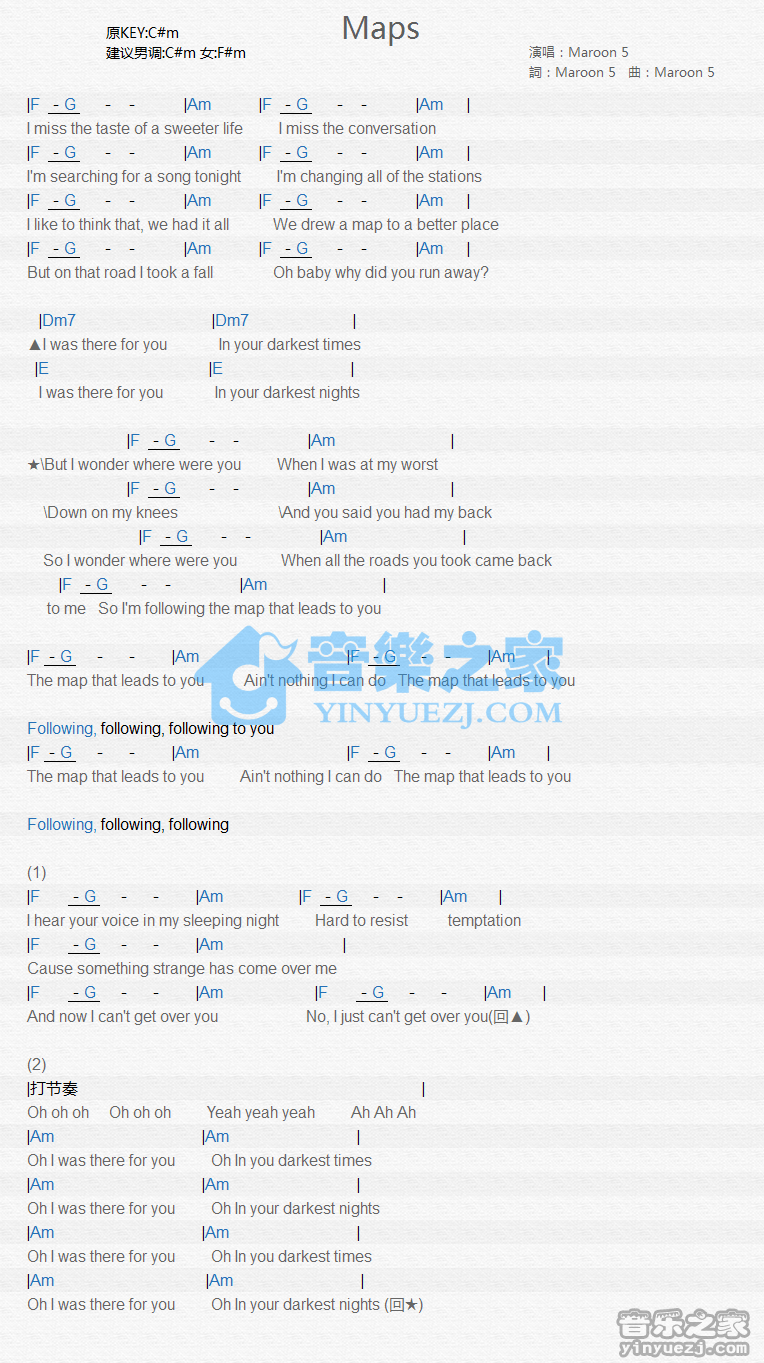 Maroon 5《Maps》尤克里里谱