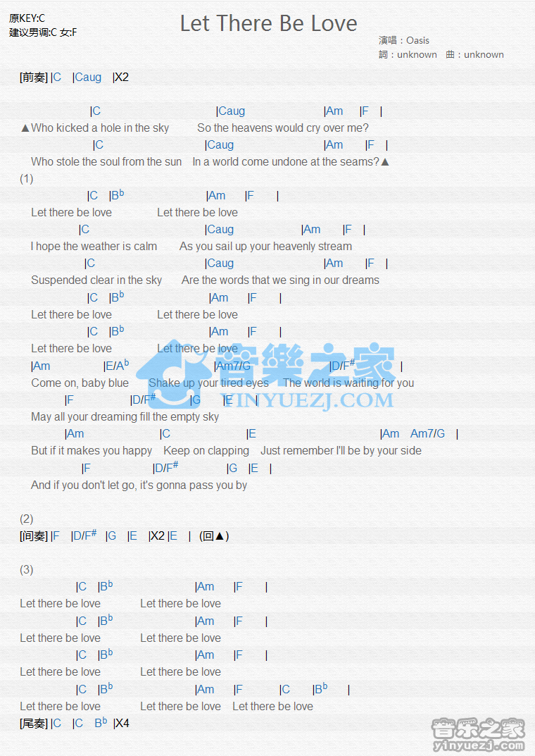 Oasis《Let There Be Love》尤克里里谱