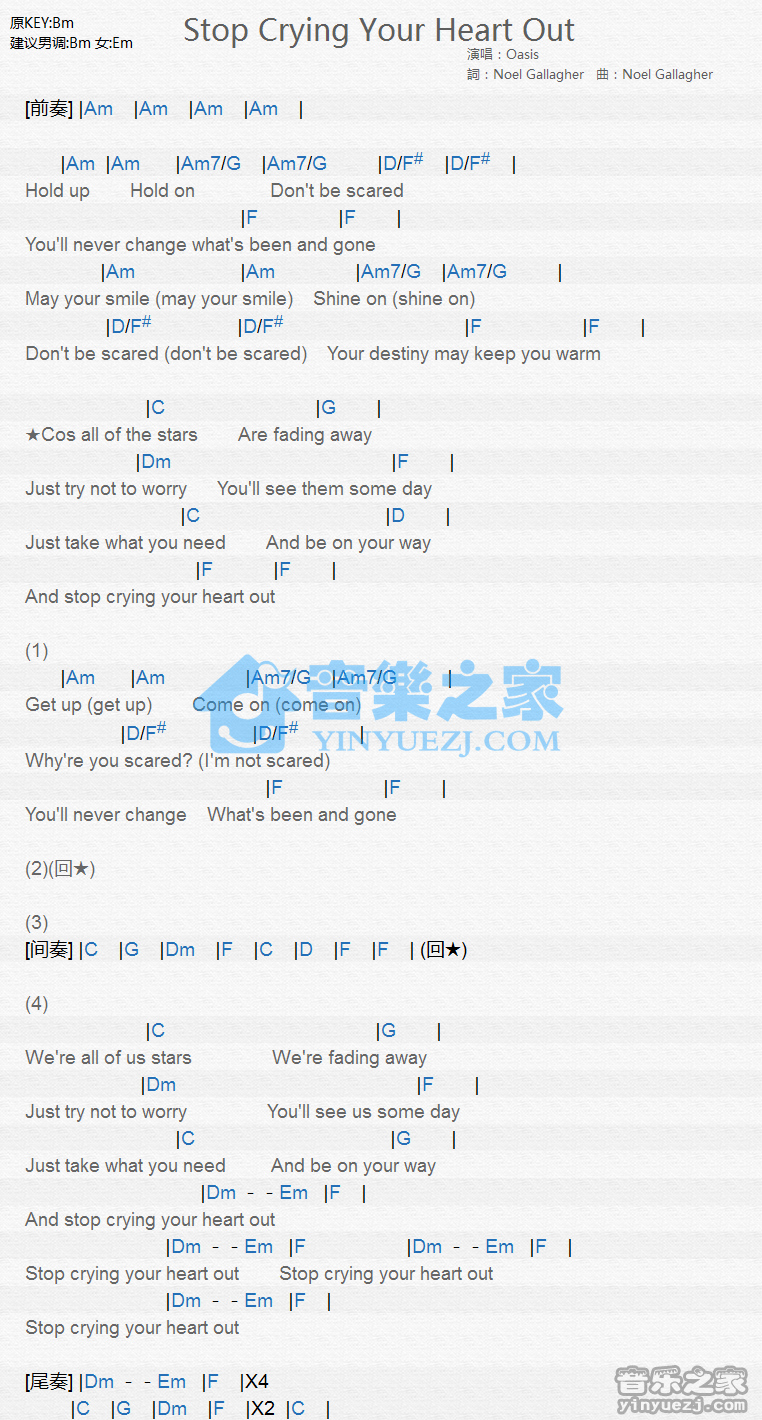 Oassi《Stop Crying Your Heart Out》尤克里里谱