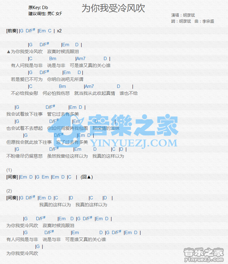 胡彦斌《为你我受冷风吹》尤克里里谱