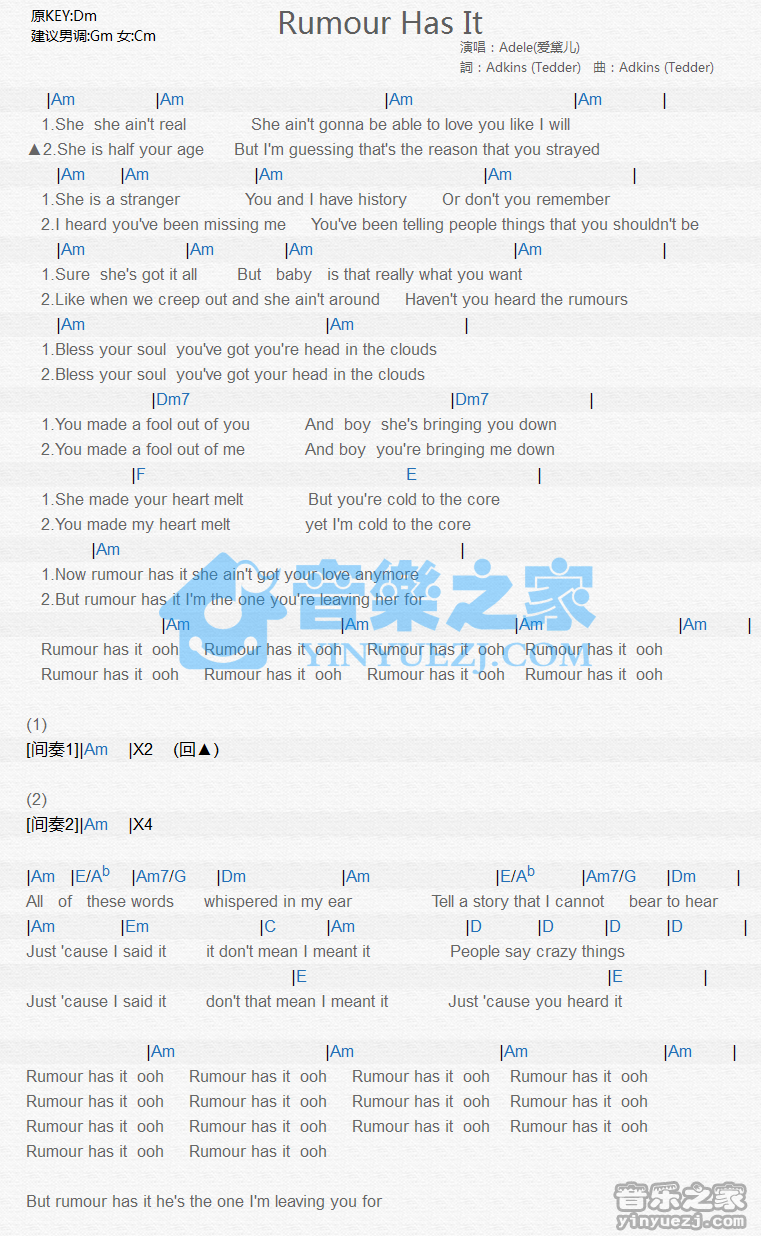 Adele《Rumour Has It》尤克里里谱