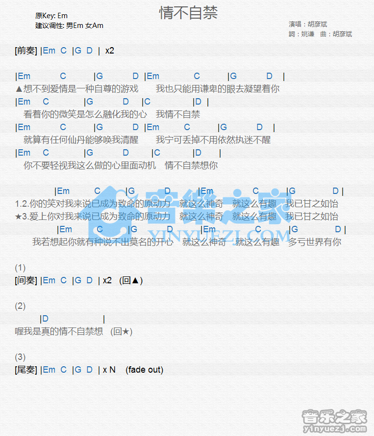 胡彦斌《情不自禁》尤克里里谱