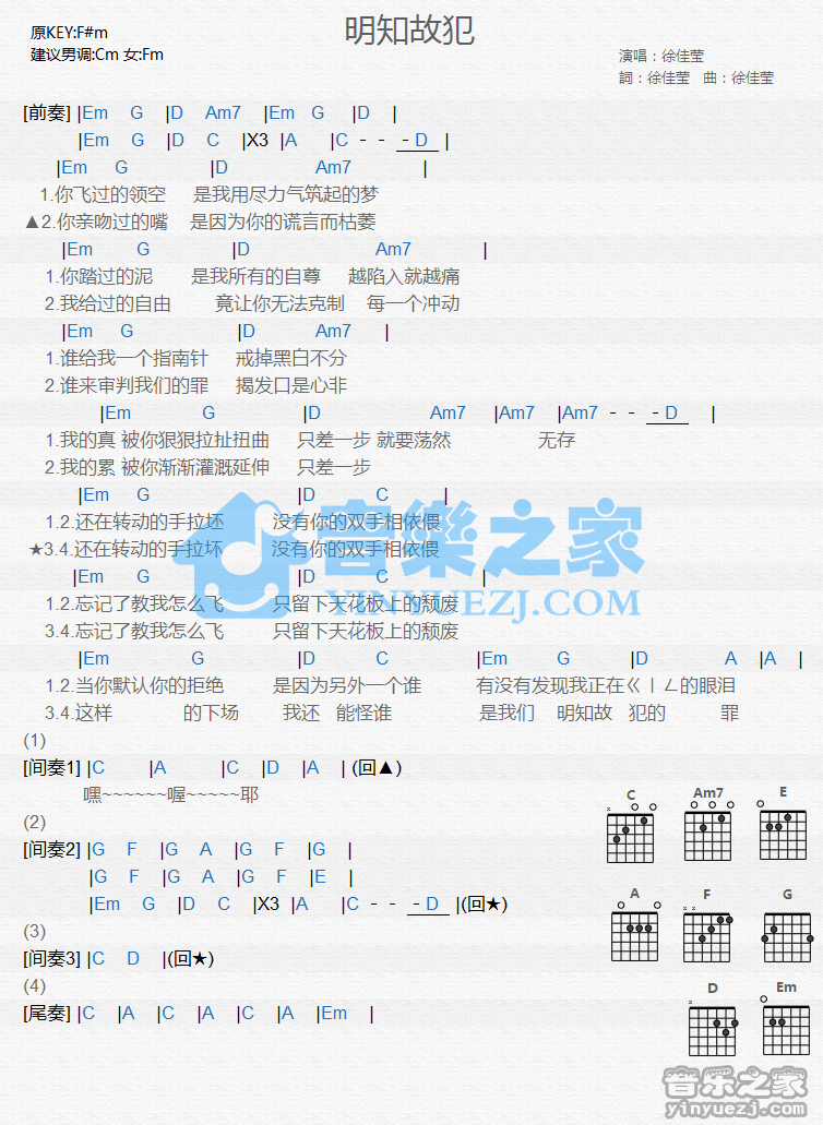 徐佳莹《明知故犯》尤克里里谱