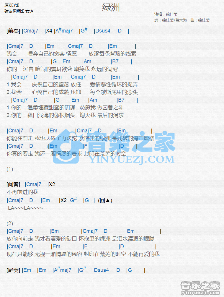 徐佳莹《绿洲》尤克里里谱