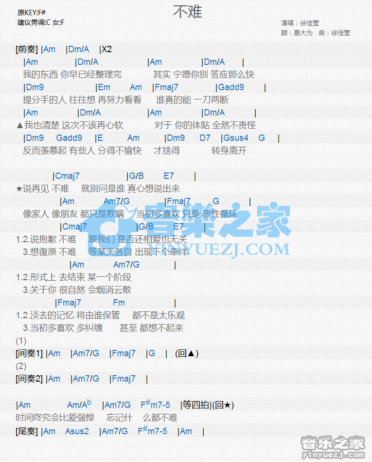徐佳莹《不难》尤克里里谱