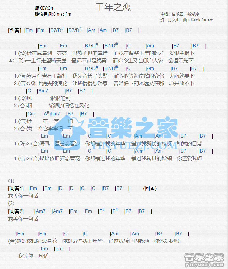 信乐团/戴爱玲《千年之恋》尤克里里谱
