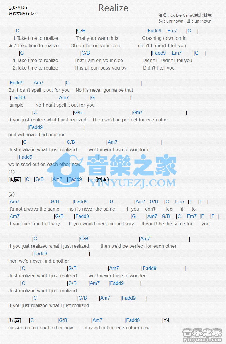 Colbie Caillat《Realize》尤克里里谱