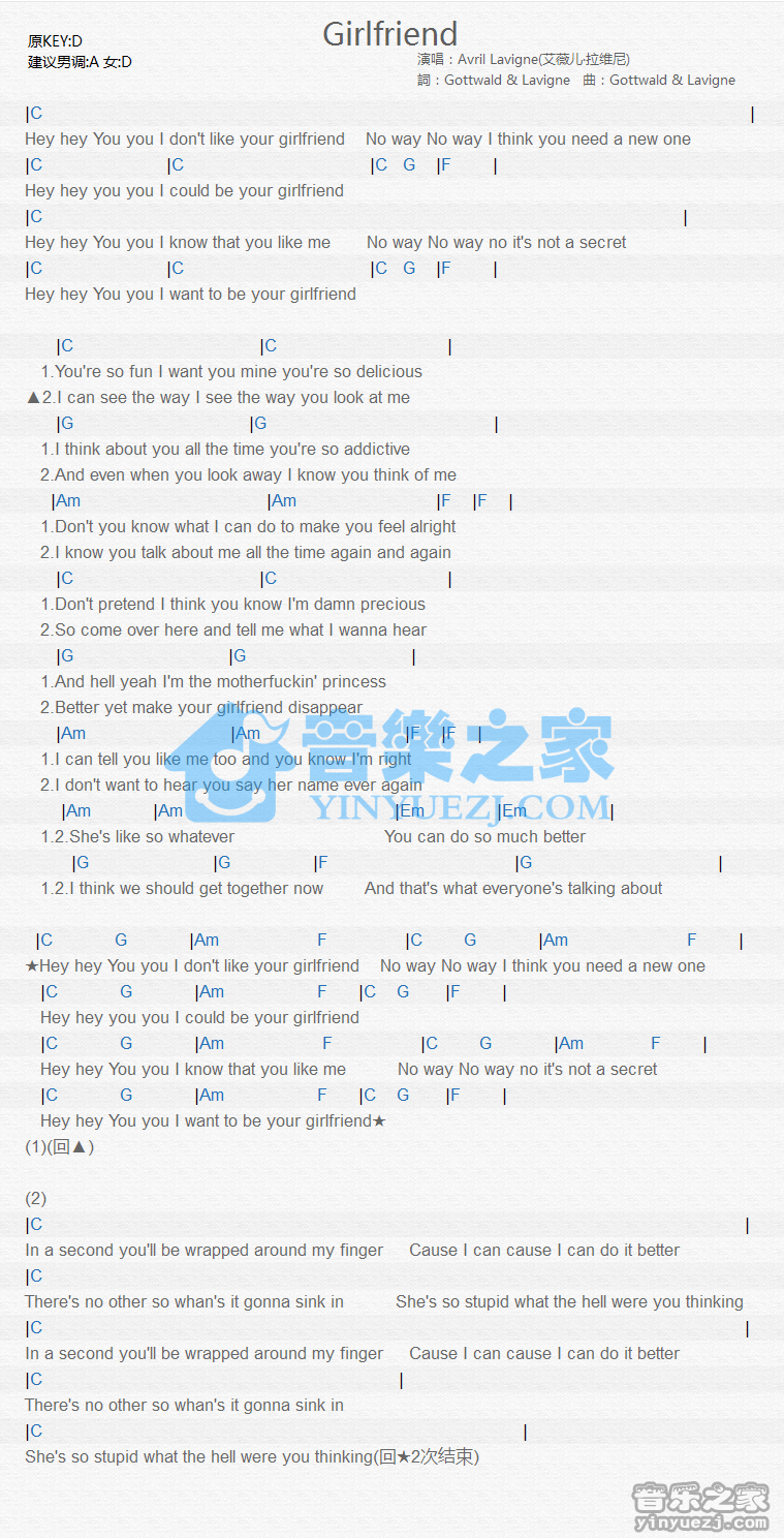 艾薇儿《Girlfriend》尤克里里谱