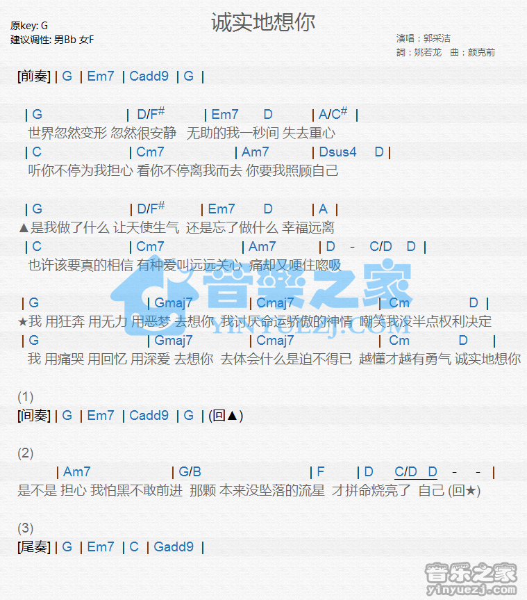 郭采洁《诚实的想你》尤克里里谱