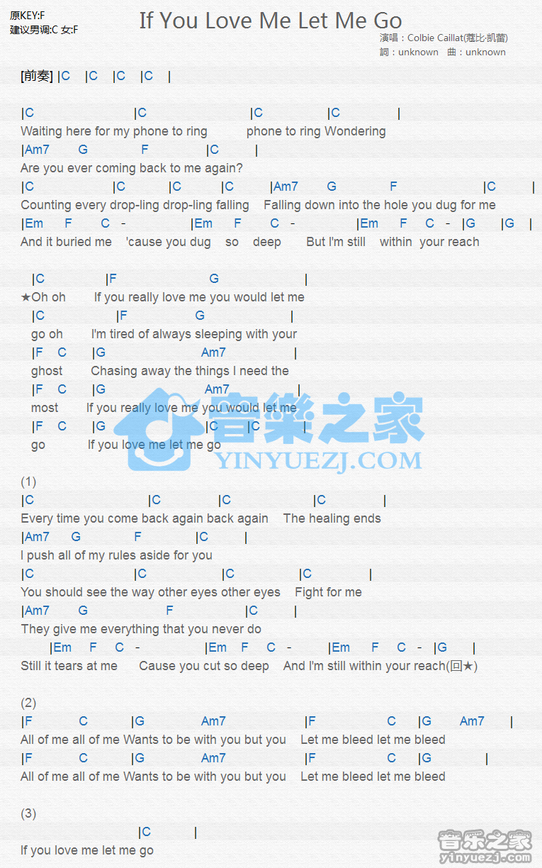 Colbie Caillat《If You Love Me Let Me Go》尤克里里谱