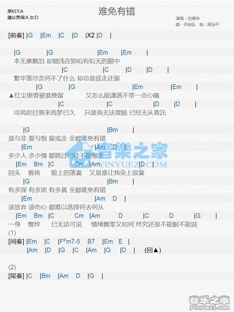 刘德华《难免有错》尤克里里谱