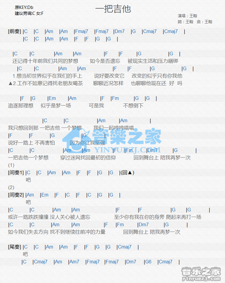 王翰《一把吉他》尤克里里谱